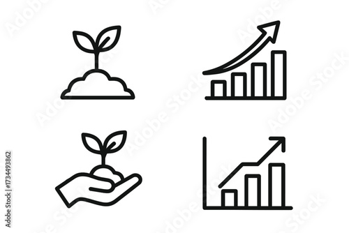 Business growth and investment icon set. Finance progress, success chart, and profit graph. Startup development concept with plant sprout. Eco-friendly savings and analysis.