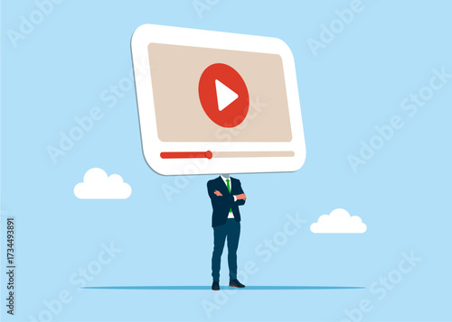 Businessman with a video multimedia play button instead of a head on shoulders. Live streaming. Social media online playing video. Vector flat illustration