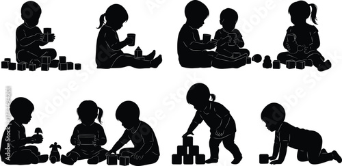 Silhouettes of young children playing with building blocks and toys, showcasing early childhood development, teamwork, creativity, and learning activities