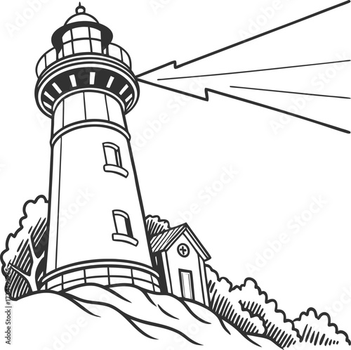 Classic lighthouse beaming bright light across the sea, guiding ships safely home with a charming coastal scene and vintage nautical feel, a timeless icon