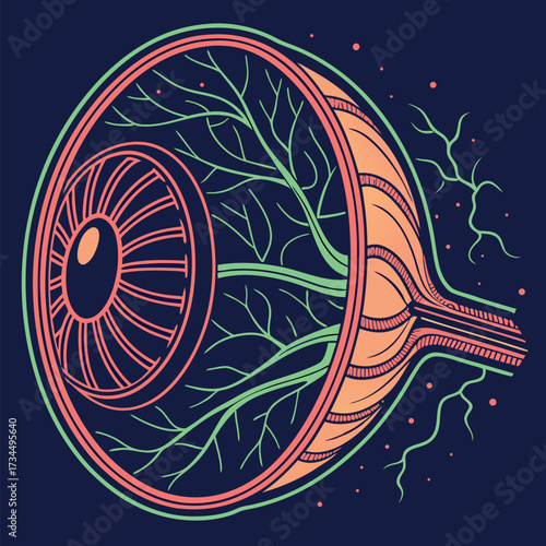Intricate eye anatomy illustration with vibrant lines, a modern medical design, perfect for educational materials or health campaigns that need a unique visual