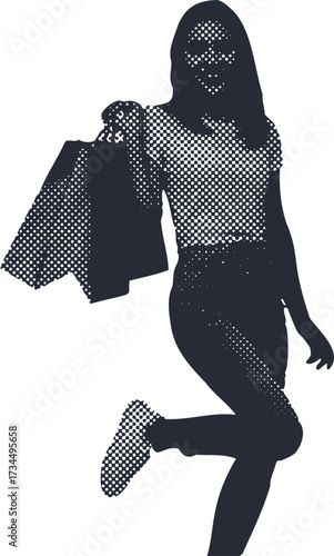 Dynamic vector illustration of a happy woman in a joyful pose holding shopping bags. Black and white halftone silhouette of a stylish shopper for fashion or retail design.