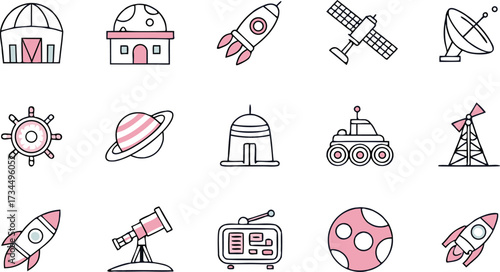 Explore the cosmos with these hand-drawn space icons, perfect for astronomy projects, science education, and futuristic designs related to space exploration