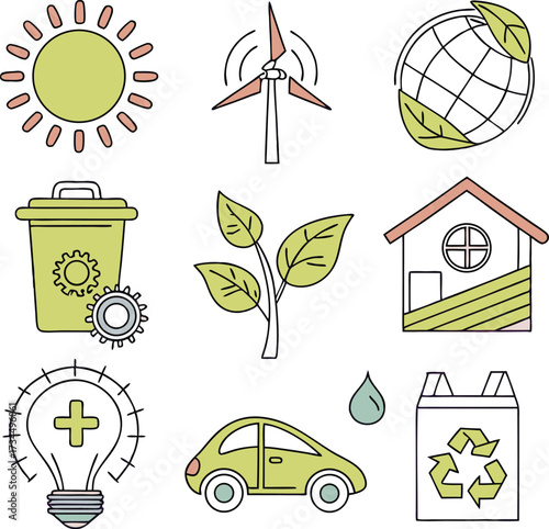 Sustainable living icons showcasing renewable energy sources, waste reduction, and green transportation for a cleaner, healthier planet lifestyle