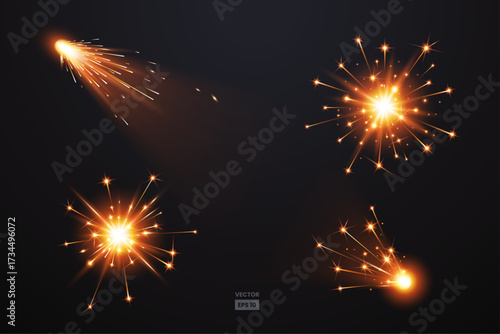 Vector set of glowing sparkler effects with bright golden light, firework bursts, and sparkling trails on dark background, perfect for New Year, Christmas, celebration, and festive design projects.