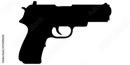 Black pistol handgun with bullet and clipping path isolated on white background