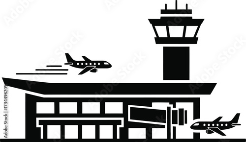 Modern airport terminal with airplanes and control tower