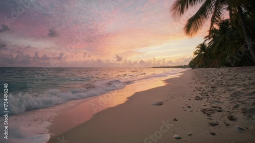 Coastal beach at sunrise with palm trees, pink-orange sky, and gentle waves