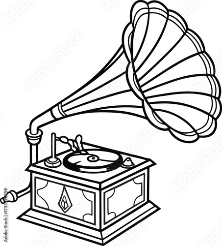 Vintage vibes flow from this classic gramophone, broadcasting retro charm and nostalgia with its iconic horn and timeless design for music lovers