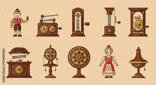 A collection of ten steampunkstyle wooden automaton toys and mechanisms