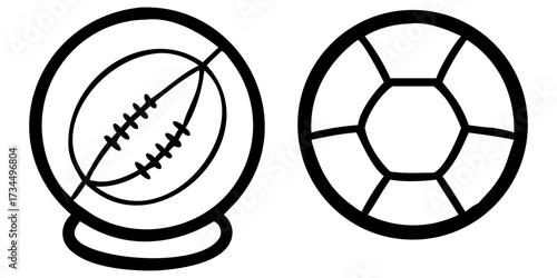 A collection of soccer balls and football equipment for the sport on white or green backgrounds