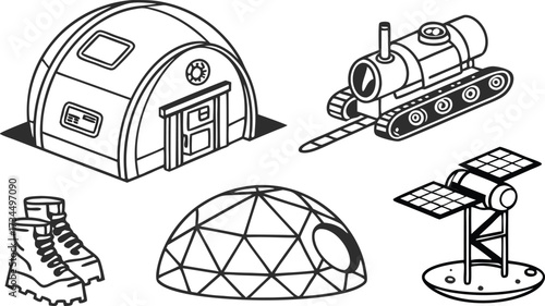 Isometric lunar outpost construction set for science fiction game development and space exploration simulations, futuristic habitat and rover design