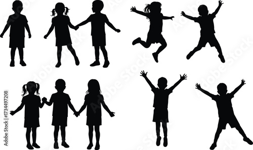 Vector silhouettes of children in playful poses, jumping, holding hands, and dancing, representing youth, friendship, joy, and active lifestyle.