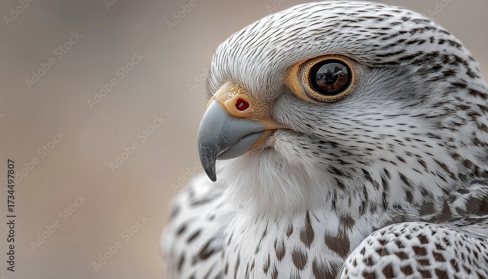 Obraz premium Stunning Close-Up Image Of A Gyrfalcon Perched On A White Background, Showcasing Its Beauty And Graceful Presence In Nature.