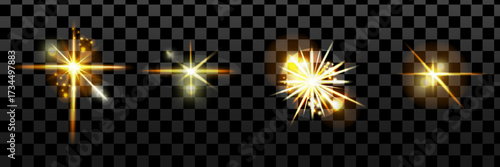 Shiny spark light set. Glimmer star sparkle effect