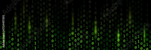 Binary rain background with glimmer and glowing light. Binary code with green light.