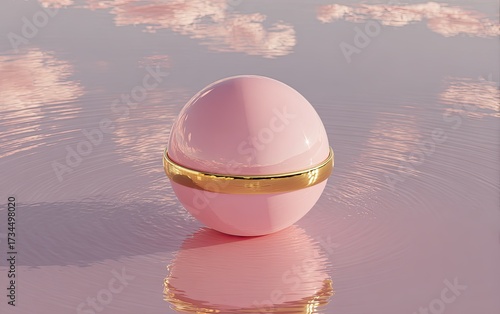 Pink sphere with gold band floating in water with a cloudy sky reflection