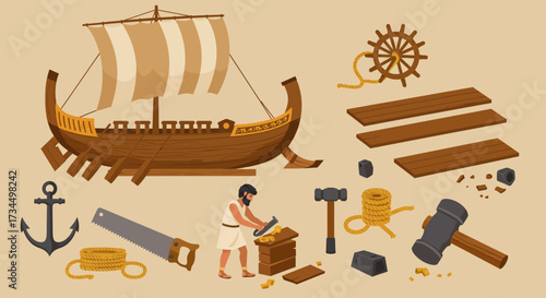 Illustration of an ancient shipbuilder with boat materials tools and a finished galley