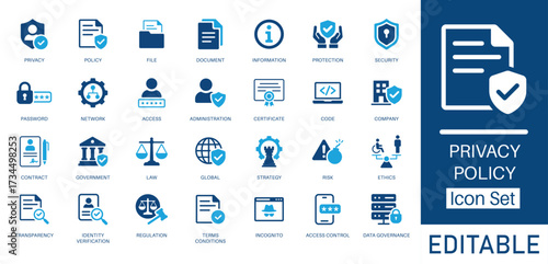 Privacy policy icon set. featuring data protection, security, compliance, user rights, GDPR, cyber law, encryption, and authentication. Flat vector design for legal compliance and website policies.