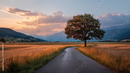 Road winds through golden fields at sunset, leading to a majestic tree