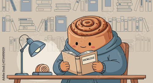 A whimsical illustration of a cinnamon roll character reading a book about knowledge