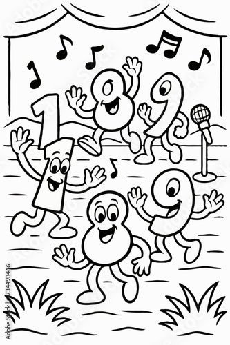 Cute number characters one, eight, and nine dancing on a stage with musical notes, an educational coloring page.