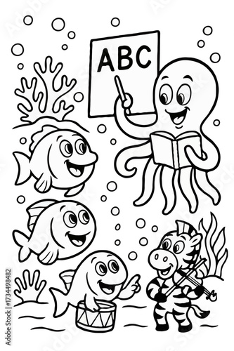 Friendly octopus teacher educating fish and a zebra playing violin in an underwater classroom coloring page.