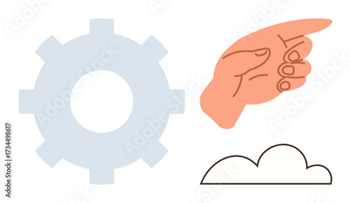 Gear symbolizes mechanism, hand demonstrates direction, cloud signifies ideas. Ideal for teamwork, innovation, technology, guidance, brainstorming navigation and connectivity. A simple flat