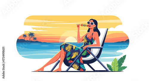 A Woman Enjoying Skewered Fruit on a Beach Chair at Sunset - Tropical Vacation Bliss