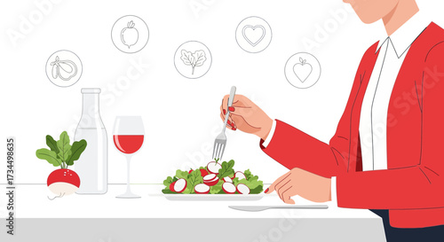 A woman enjoys a healthy lifestyle with a radish salad and wine demonstrating mindful eating and