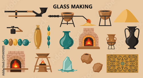 Vector illustration depicting various tools materials and products associated with historical glass making