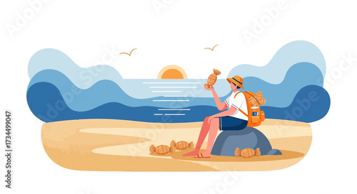 Adventurer enjoys candy by the seaside sunset flat vector illustration vacation destination with