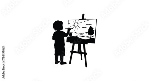 A young artist painting a landscape scene on an easel silhouette