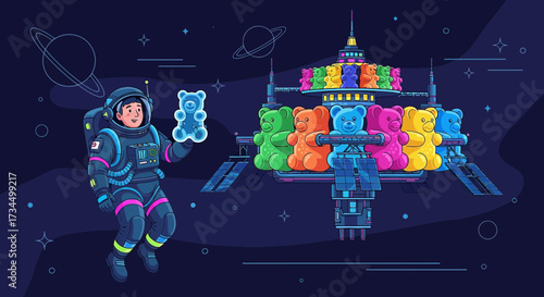 An astronaut exploring a gummy bear space station in a whimsical cosmic adventure