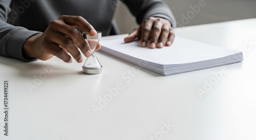 Personal Finance, A hand holds an hourglass beside a stack of papers, the passage of time and the importance of deadlines tasks.