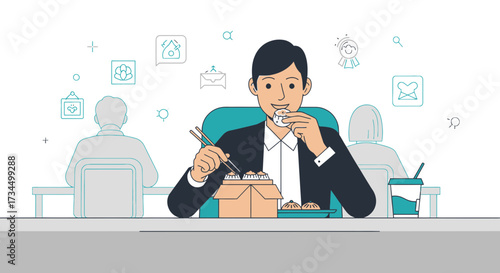 Asian businessman enjoying dumpling lunch break with colleagues in modern workspace