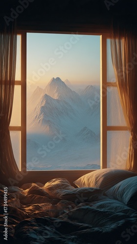 Snowy mountain scene framed by a window with warm sunlight and a cozy bed