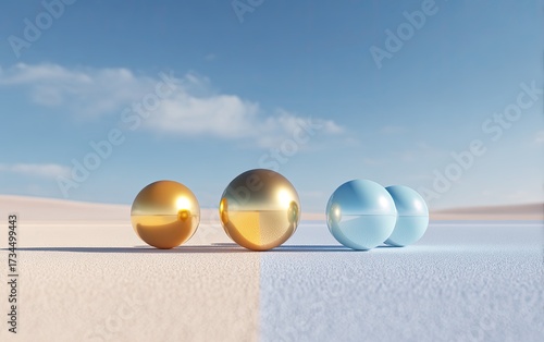 Spheres on a divided surface, sunny sky. Gold and blue, minimalist design