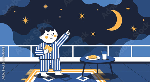 Boy enjoying late-night snack under the stars, a peaceful scene of childhood wonder and