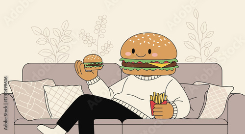 Burger head character enjoying junk food and chilling on a comfortable sofa at home