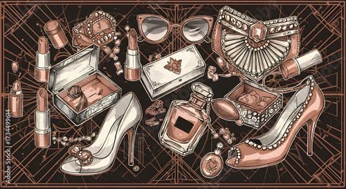 Luxury art deco fashion line-art. Stylized high heels, lipsticks, perfume bottles, and cat-eye sunglasses. Opulent motif with black, white, and rose gold foil accents