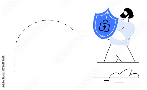 Individual holds a blue shield featuring a lock, signifying privacy, safety, and cybersecurity. Ideal for technology, protection, privacy, internet security data safety business. Flat simple