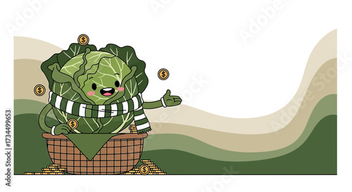 Cartoon cabbage character wearing a scarf with money in a basket advertisement