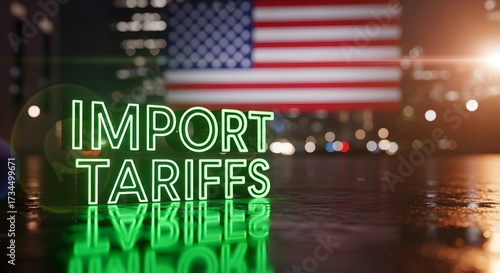 Neon sign reads import tariffs with american flag in blurry background