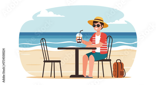 Cartoon illustration of a man enjoying a drink at a beachside cafe on vacation during summer time