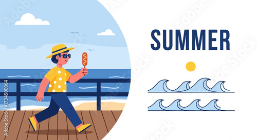 Cartoon illustration of a person enjoying a summer day with a corn dog at the beach, evoking