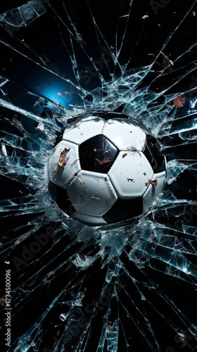 A soccer ball shatters glass, creating a dramatic and energetic sports themed image