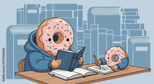 Cartoon illustration of donut characters studying with books in a library setting showing education