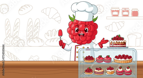 Cartoon raspberry baker presenting pastries in a bakery showcase full of tempting sweets