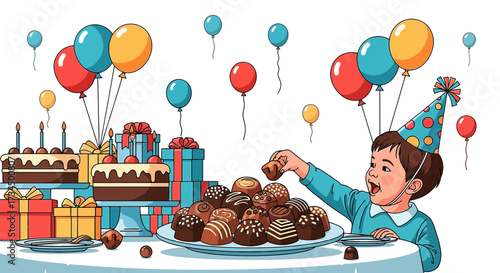 Celebrating a happy birthday with balloons cakes gifts and delicious chocolates in joyful style